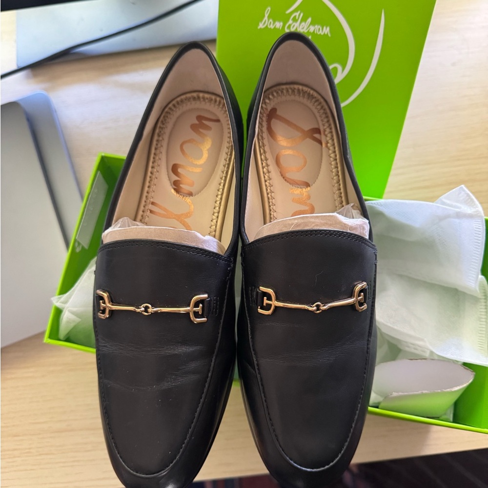 Sam Edelman Black Loraine Leather Loafers with Gold Accents